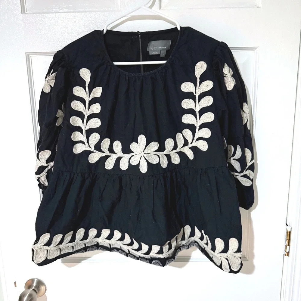 Anthropologie Black Cotton Embroidered Floral Peplum Puff Sleeve Blouse Large